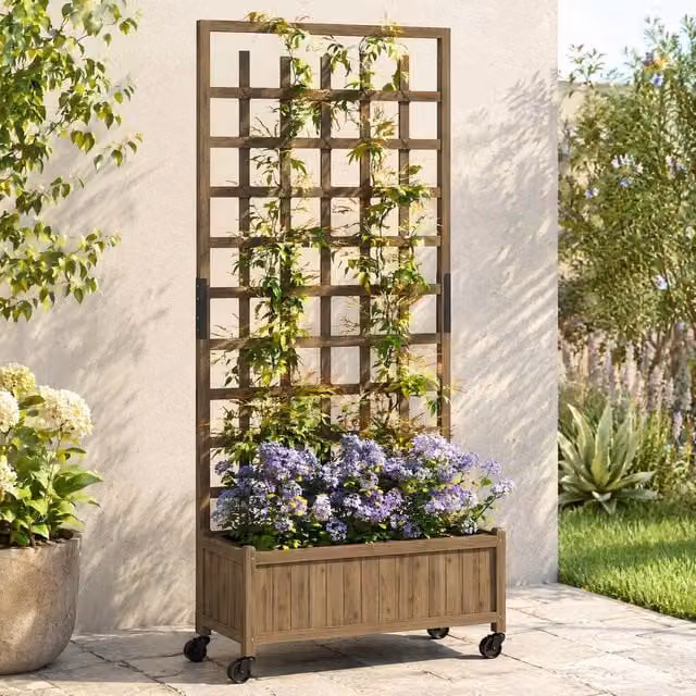 STILVORA Wooden Raised Planter with Trellis and Wheels in Brown, H 186.0 x W 77.5 x D 54.0 cm