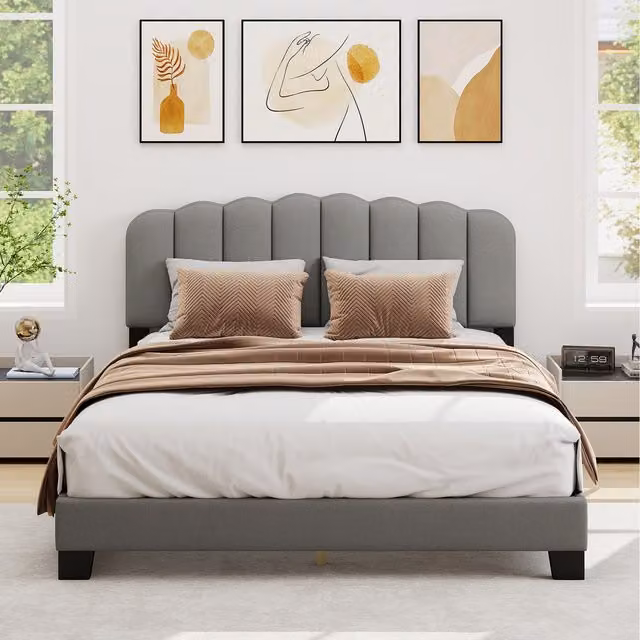 Costway Modern Upholstered Bed Frame in Grey, 140 x 200 cm