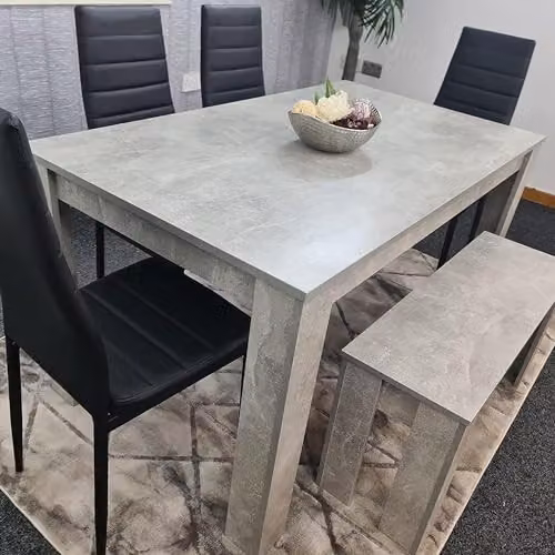 KOSY KOALA Modern 6 Seater Dining Set with Grey Stone Effect Table, 1 Bench and 4 Black Faux Leather Chairs, W/D/H: 117 x 77 x 75 cm – 4
