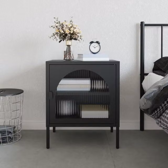 Berkfield Home Modern Black Nightstand with Glass and Metal, W/D/H: 50 x 35 x 60 cm