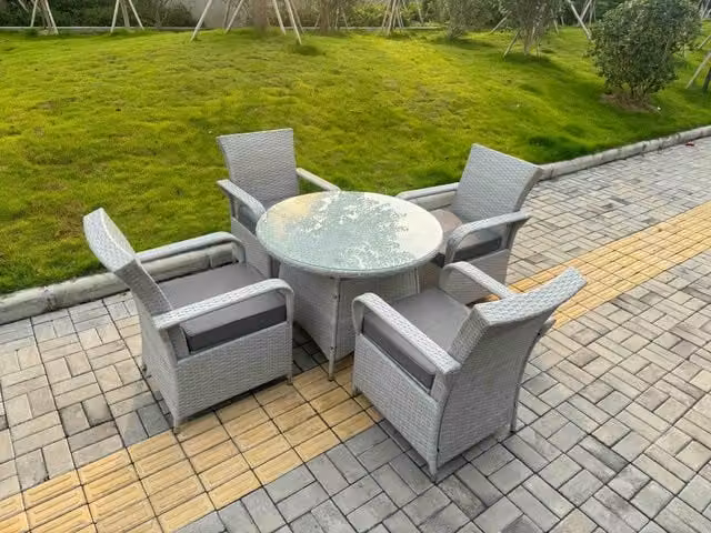 Fimous Rattan Garden Furniture Set in Grey with Round Glass Coffee Table and 4 Chairs