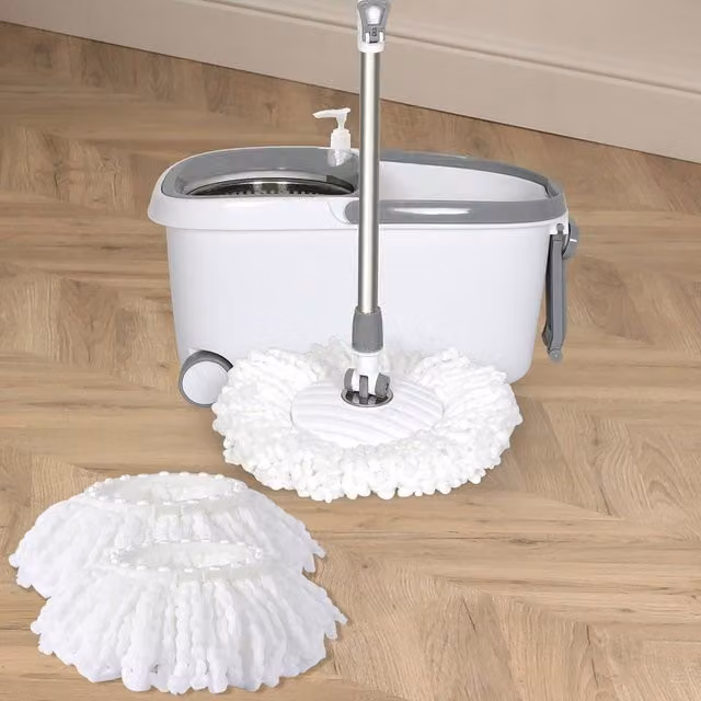Cleanflo Spin Bucket Set with Stainless Steel Wringer and Microfibre Mop Head in White – 1