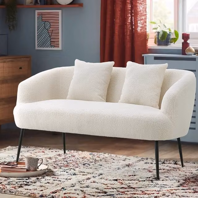 Livingandhome White Boucle Fabric 2-Seater Loveseat Sofa with Solid Wood Frame and Metal Legs