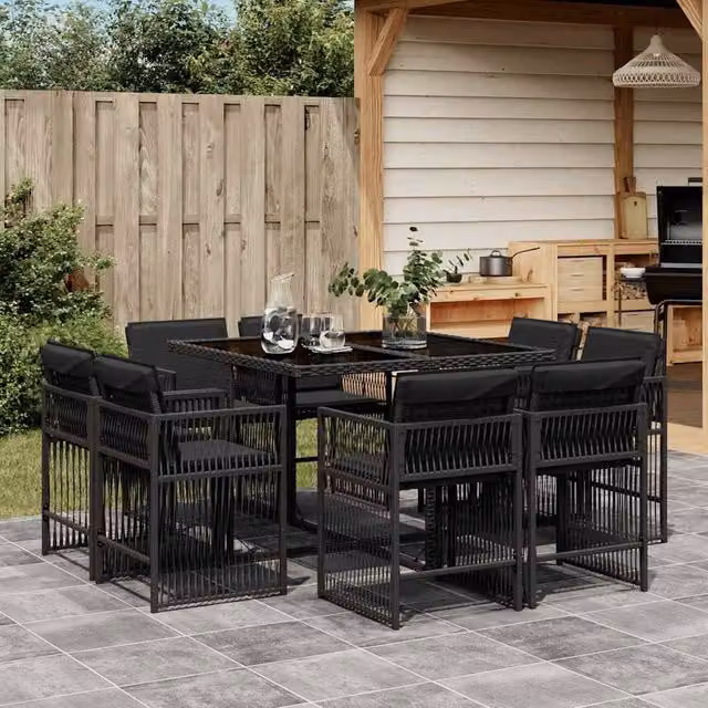 Berkfield Home 9 Piece Black Poly Rattan Garden Dining Set with Cushions and Glass Tabletop – 1