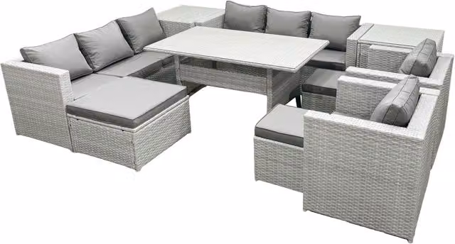 Fimous 8 Seater Rattan Garden Furniture Set with Dining Table, 2 Chairs, 2 Side Tables and 3 Footstools in Light Grey – 1