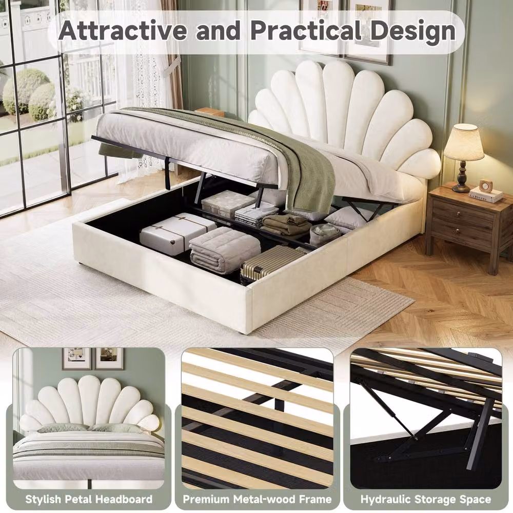 BTM Single Upholstered Hydraulic Storage Bed Frame with Velvet Headboard in Beige – 3