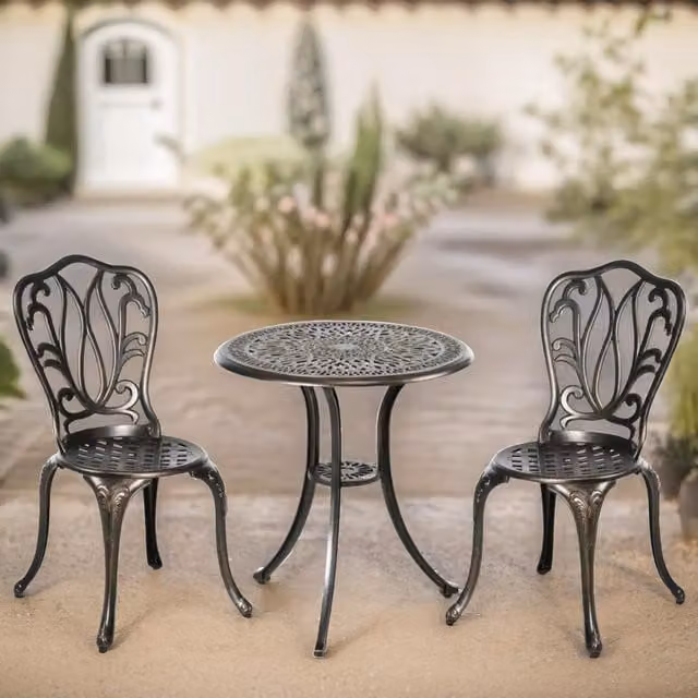 FURNOS Set of 3 Aluminium Bistro Table and Chairs in Bronze Antique Finish