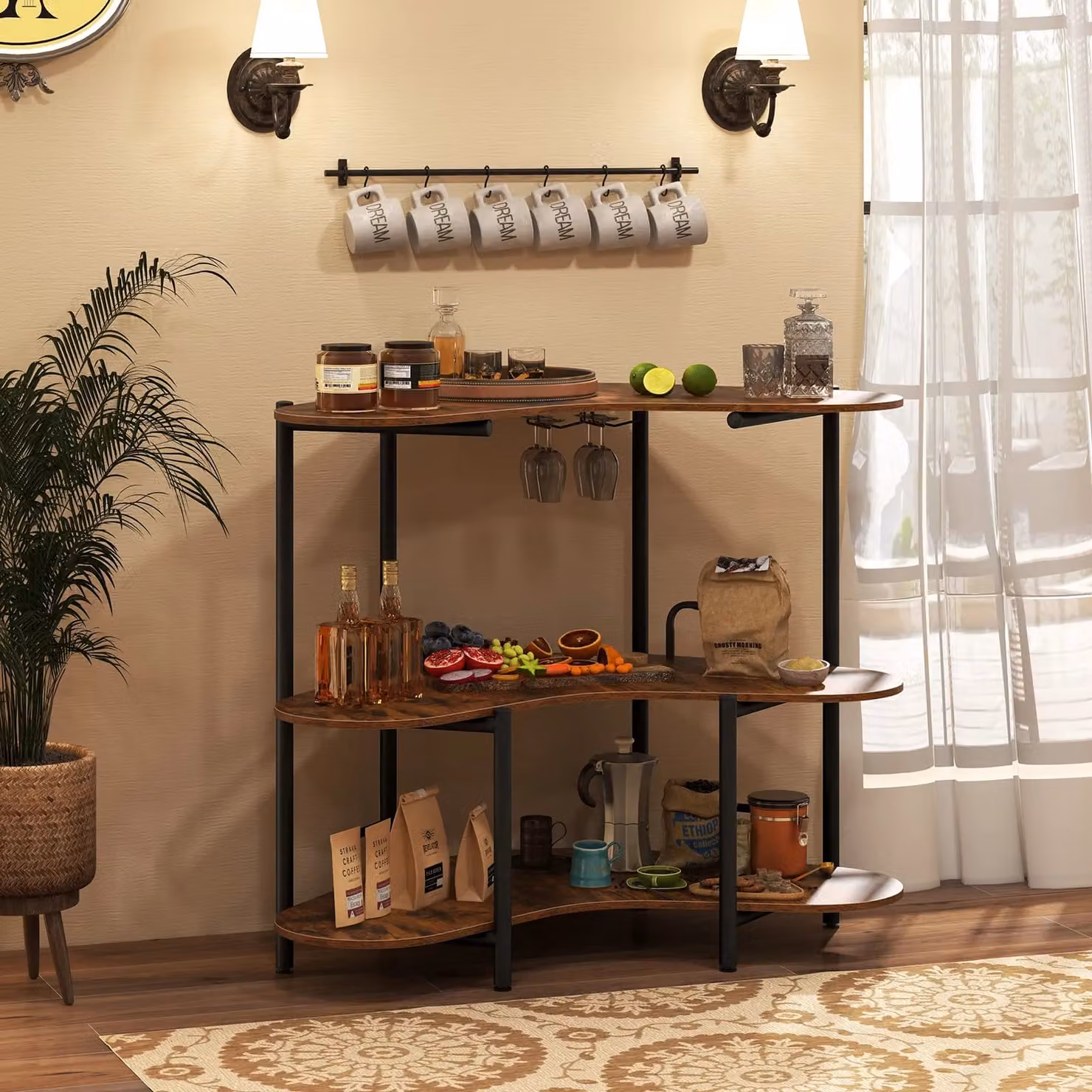 Gymax 3-Tier Industrial Corner Bar Unit with Wine Glass Holder in Brown – 7