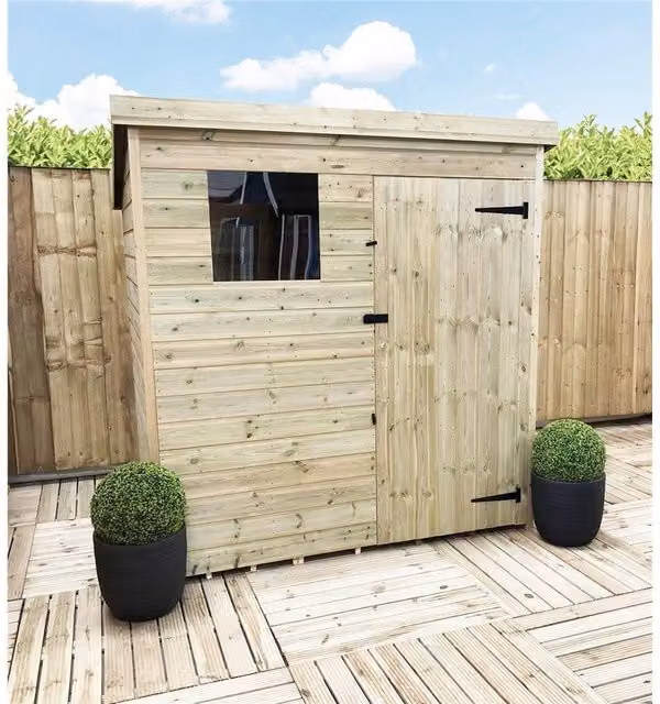 Marlborough Pressure Treated Pent Garden Shed with Single Door in Sand – 1