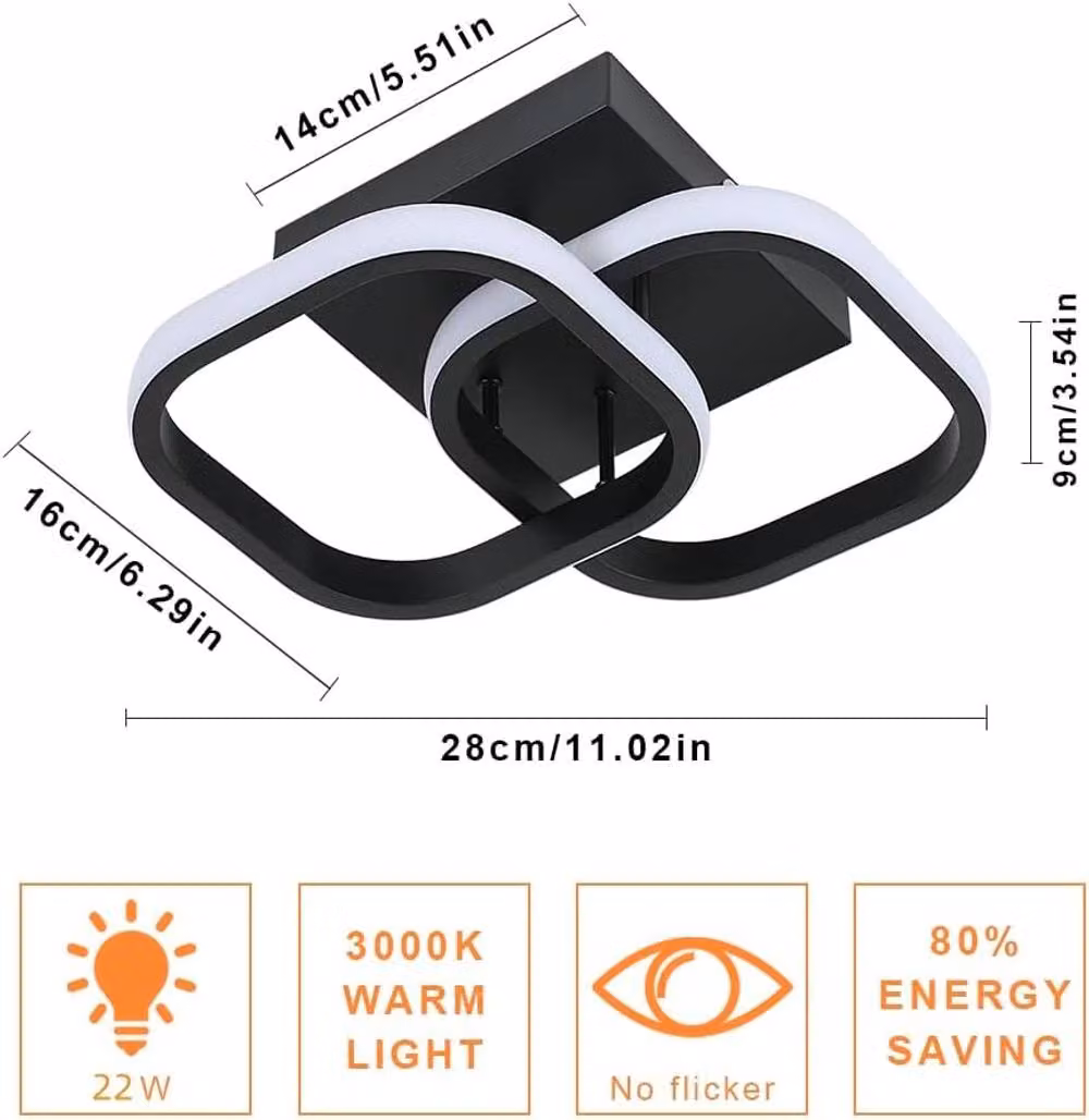 Goeco Modern Square LED Ceiling Light, 22W, 3000K Warm White, Black – 4