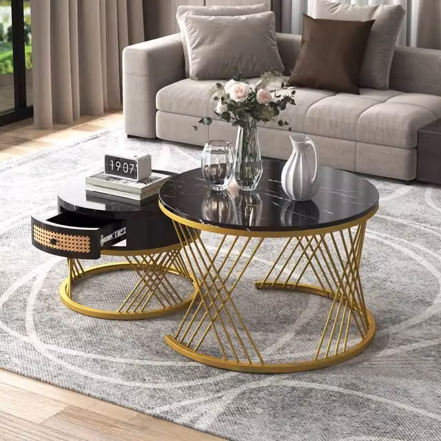 BTM 2-in-1 Round Nested Coffee Tables with Rattan Drawers in Black, Gold and Multicolour, MDF and Metal