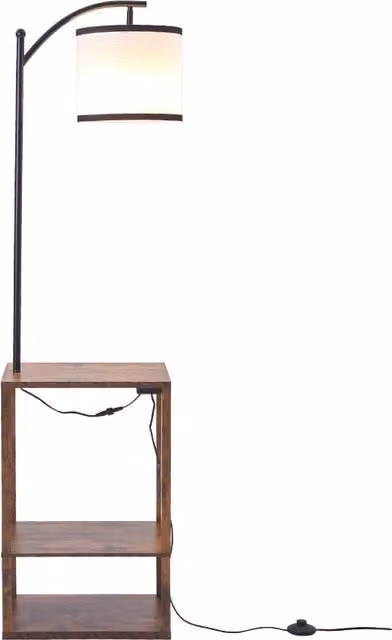 Living Star 2-in-1 Modern Metal and Wood Floor Lamp Side Table in Brown and Black