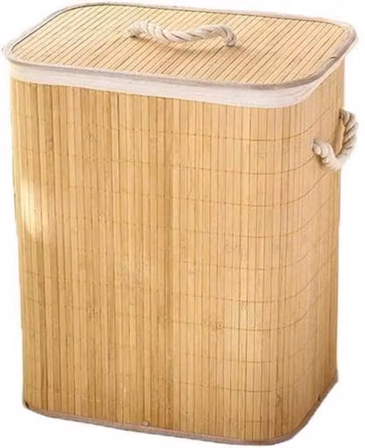 VOGREX Large Foldable Bamboo Laundry Basket with Handles in Beige