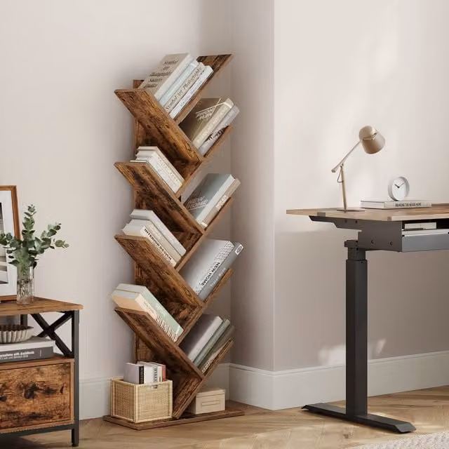 VASAGLE 9-Tier Tree Bookshelf, Industrial Corner Floor Standing Bookcase in Bronze and Brown, H 141.5 x W 25.0 x D 25.0 cm