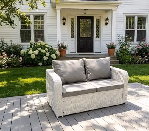 FMSGarden 2 Seater Rattan Curved Arm Loveseat Garden Sofa in Light Grey with Removable Cushions – 1