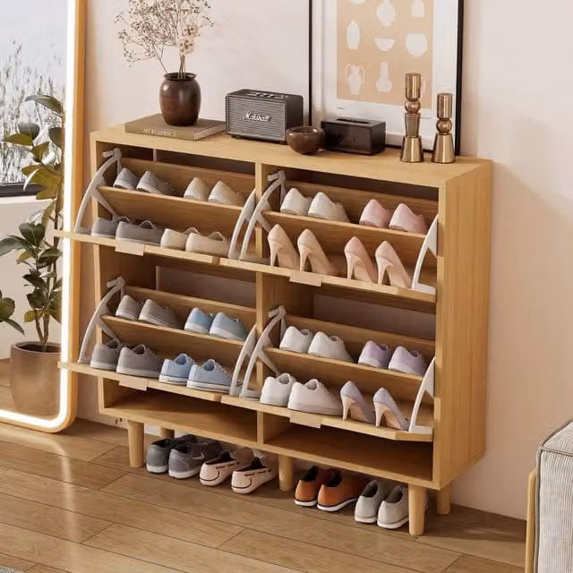 BTM Brown Rattan Shoe Storage Cabinet with Tilting Compartments and Adjustable Internal Shelves W/D/H: 100 x 25 x 90 cm