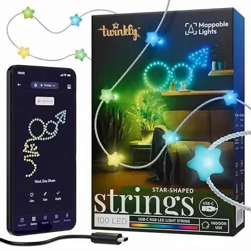 Twinkly Star Christmas LED String Lights with 100 RGB LEDs, Multicolour and Transparent, USB Powered – 1