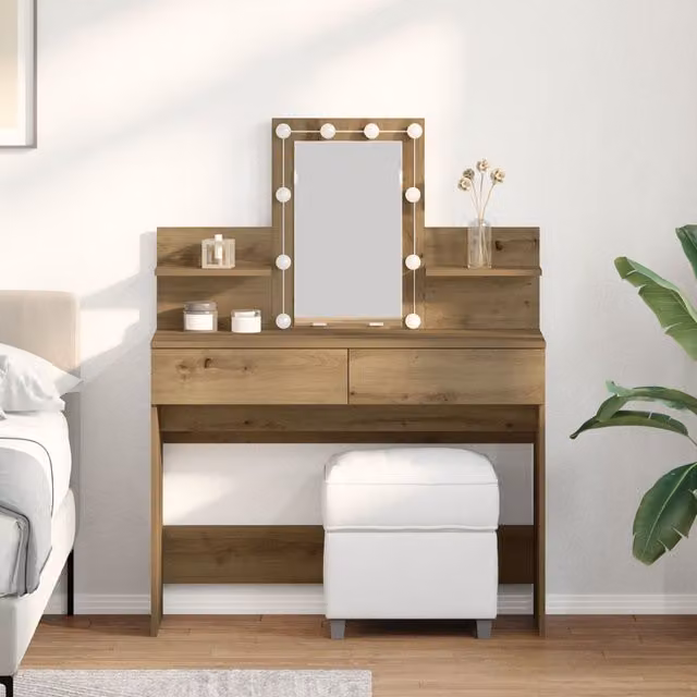 Berkfield Home Modern LED Dressing Table in Artisan Oak Brown, W/D/H: 100 x 40 x 130 cm