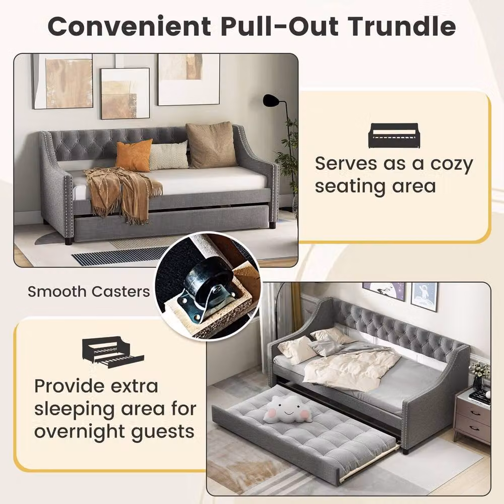 Costway Grey Linen Upholstered Single Size Daybed with Trundle Bed Frame – 5