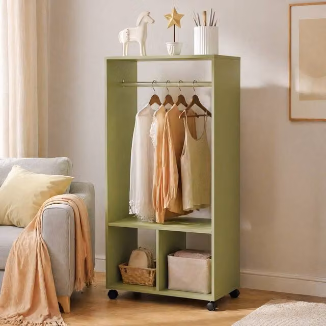 STILVORA Modern Open Wardrobe with Shelves and Wheels in Green, H: 128.0 cm x W: 60.0 cm