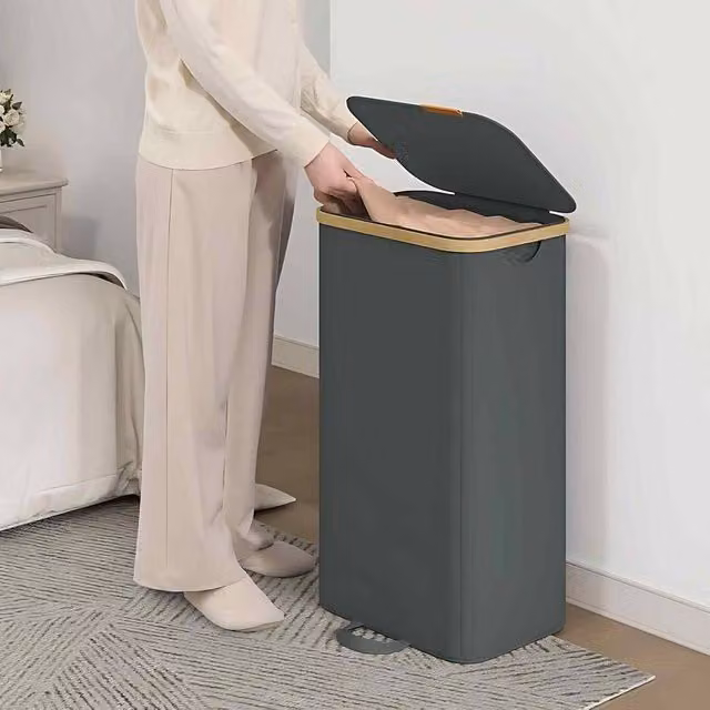 The Bazaarist Bamboo Laundry Hamper with Lid and Removable Liners, Dark Grey