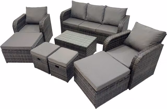 Fimous 9-Seater Rattan Garden Furniture Set in Grey and Anthracite with Reclining Chairs, Ottoman, and Glass Coffee Table