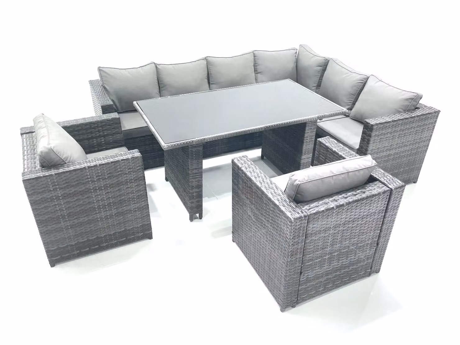 Fimous Outdoor Lounge Rattan Corner Sofa Set with Rectangular Dining Table and Chairs in Anthracite Grey – 2