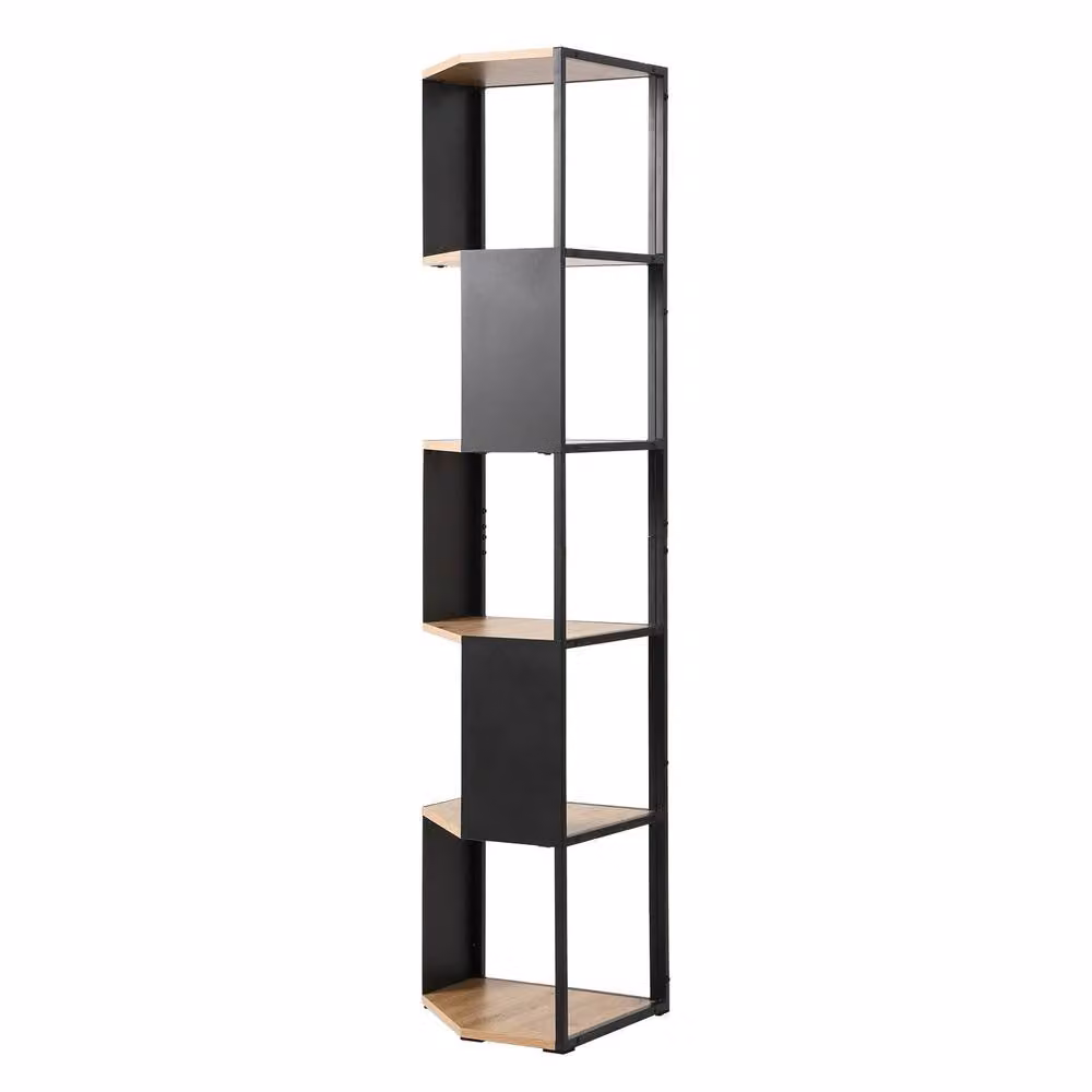 CALICOSY 5-Tier Industrial Corner Shelf with Black Metal Sides in Light Brown, H: 172 cm, W: 40 cm, D: 40 cm – 4