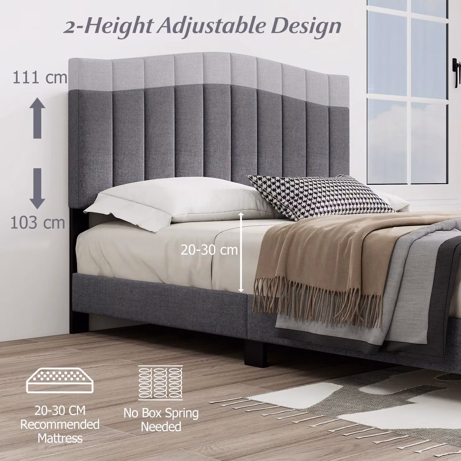 Costway Modern Upholstered Fabric Platform Bed Frame in Grey, W/D/H: 140 x 200 cm – 4
