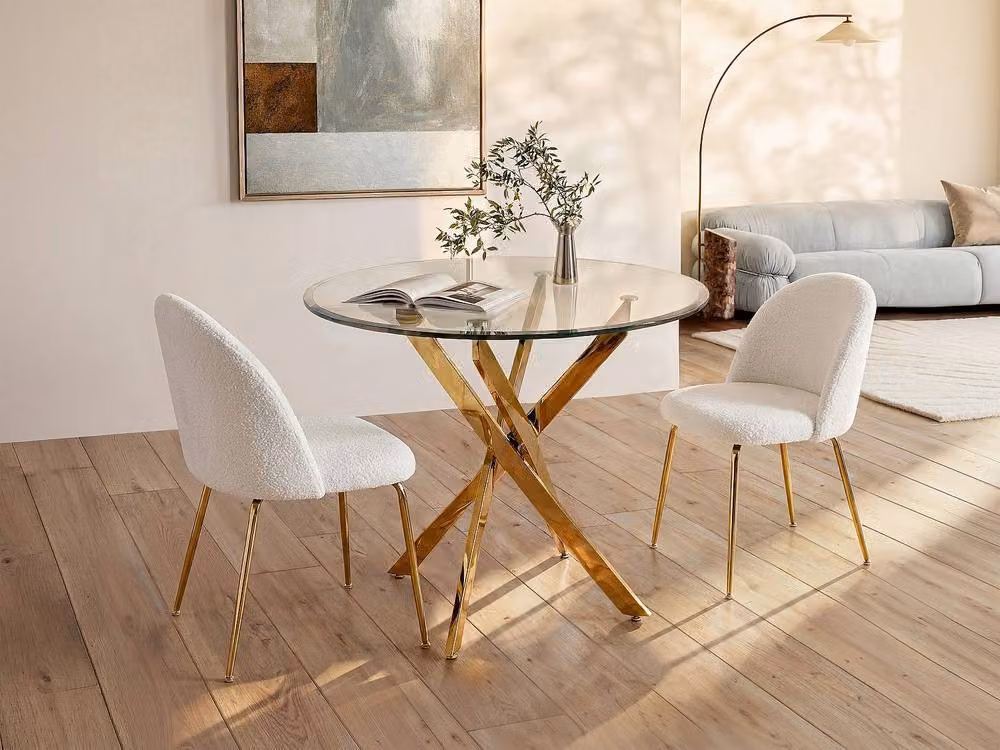 COSIMA Round Glass Dining Table with Gold Metal Base, Transparent, Diameter: 90 cm, Height: 77 cm – 2