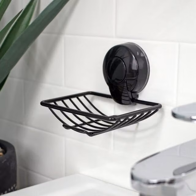 Showerdrape Suctionloc Black Steel Wall Mounted Soap Basket and Corner Caddy Organiser with Drainage and Sponge Compartment