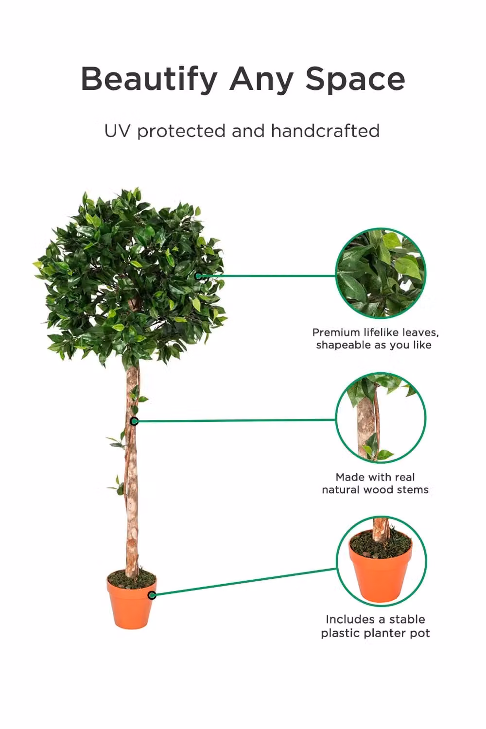 Homescapes Green Ficus Topiary Artificial Tree with Brown Pot, Height: 125 cm – 2