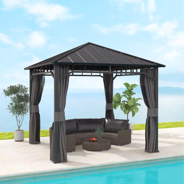 Outsunny Galvanised Steel Hardtop Gazebo with Netting and Curtains in Grey, 300 cm