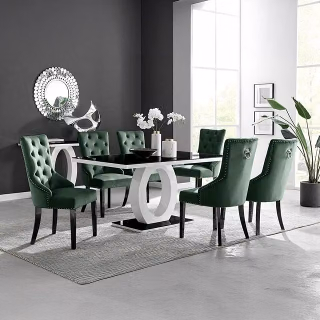 FurnitureboxUK Giovani Oval Glass Dining Table and 6 Belgravia Velvet Chairs in Green