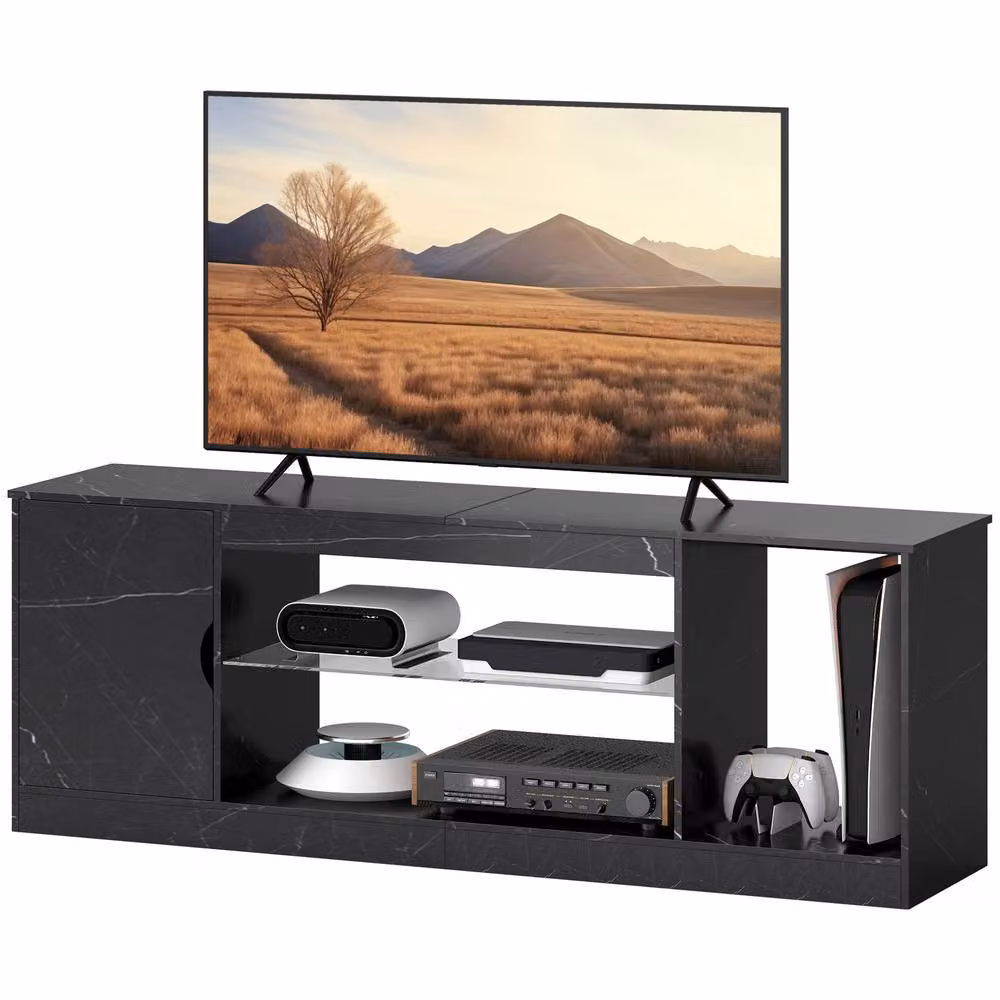 STILVORA Modern TV Stand with Cabinet and Glass Shelf in Black – 4