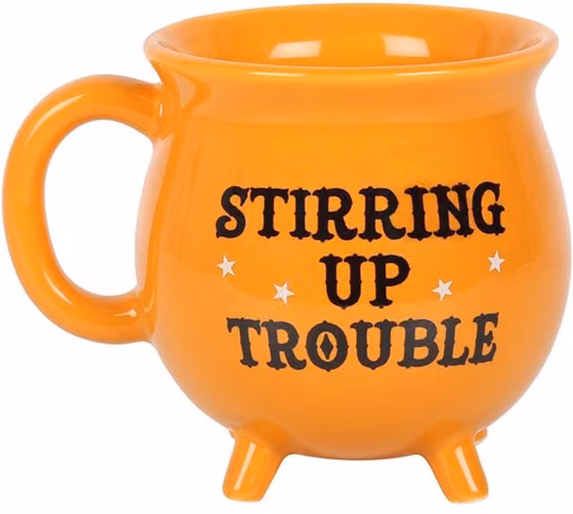KDMK Ceramic Cauldron Mug with Stirring Up Trouble Text in Yellow and Orange