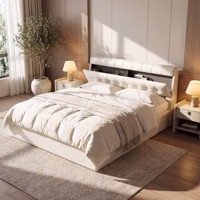 Merax White PU Upholstered King Size Ottoman Storage Bed with Headboard W: 150 cm, D: 200 cm, H: 105 cm – 1