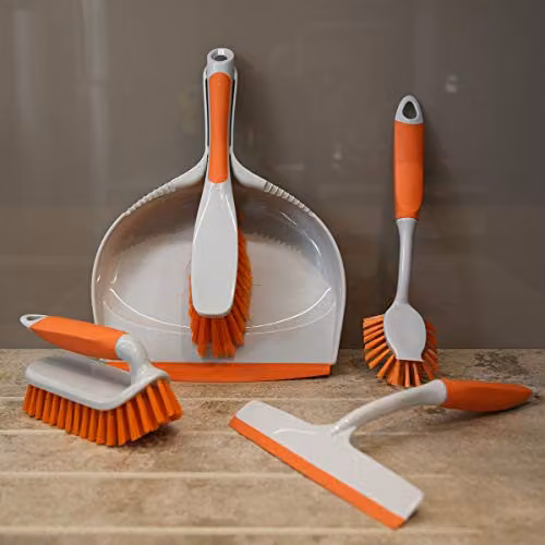 Charles Bentley 5 Piece Cleaning Set in Grey and Orange, featuring Dustpan, Brush, Dish Brush, Scrubbing Brush and Squeegee, W/D/H: 32 x 24 x 10.5 cm – 2