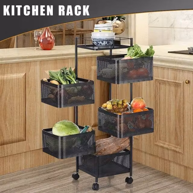 EONLION 6 Tier Rotating Kitchen Trolley Shelf in Matt Black