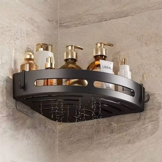 Ventryn Black Aluminium Corner Shower Shelf with Suction Cup Wall Mount and Drainage Hooks – 1