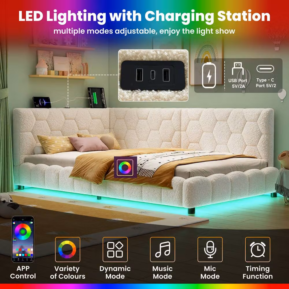 Matteo Modern Upholstered Single Boucle Bed Frame in Beige with USB Charging Port and Under-bed Lighting, W/D/H: 90 x 190 cm – 3