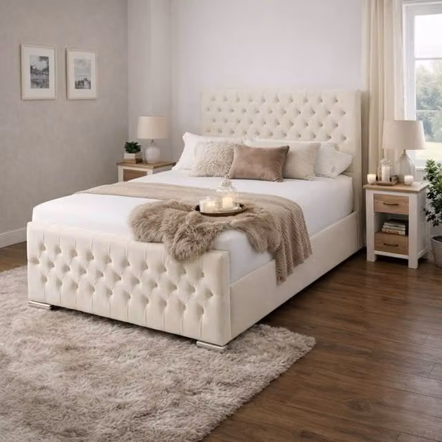 Desire Deco Kensington Upholstered Bed Frame in Beige Velvet, Size: King (180 x 200 cm)