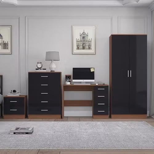 REFLECT Modern Bedroom Furniture Set in Black Gloss and Walnut Finish featuring 2 Door Wardrobe, 5 Drawer Tallboy Chest, 2 Drawer Bedside Table and Dressing Table – 1