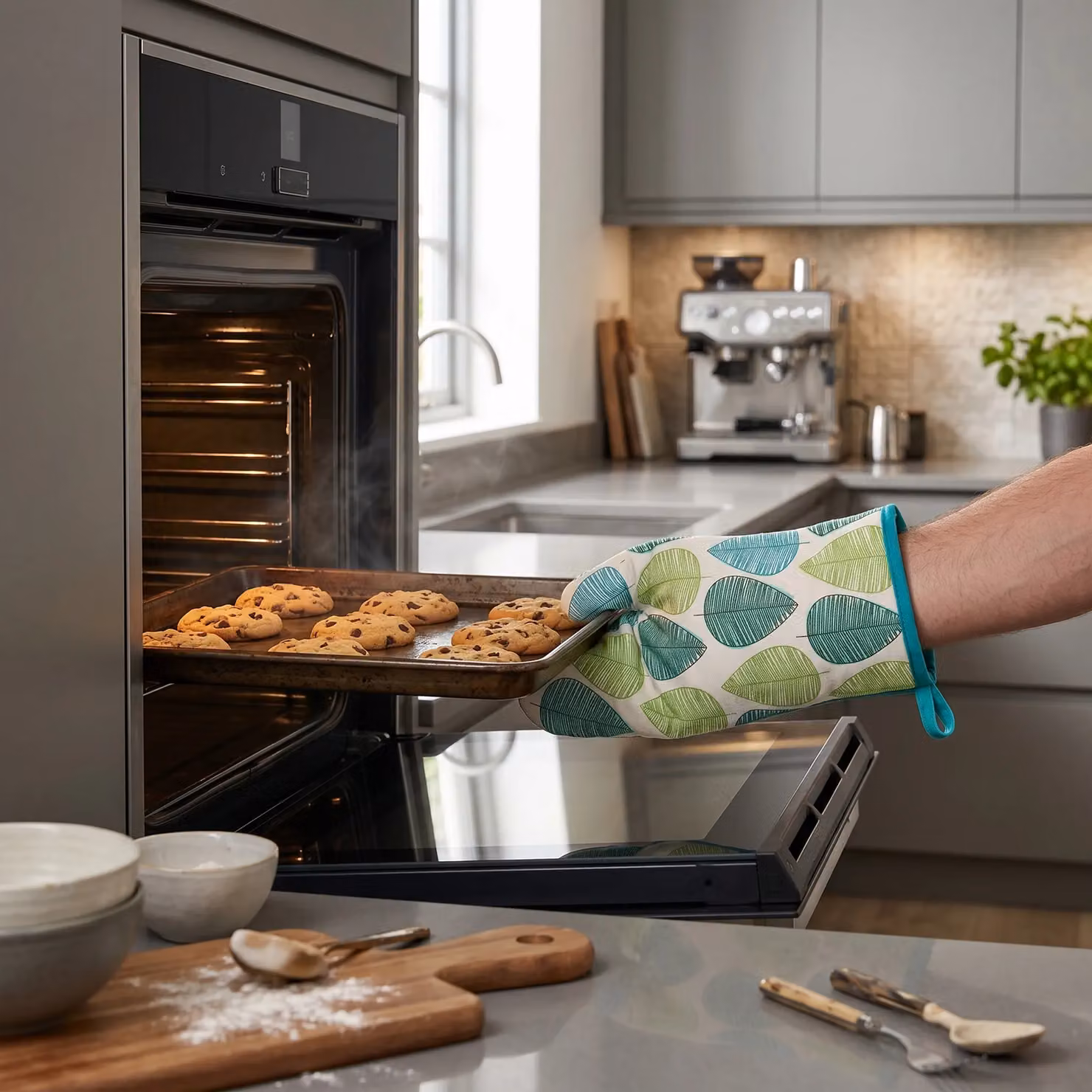 Orsina Green Leaf Single Oven Glove in Green with Quilted Heat-Resistant Padding – 3