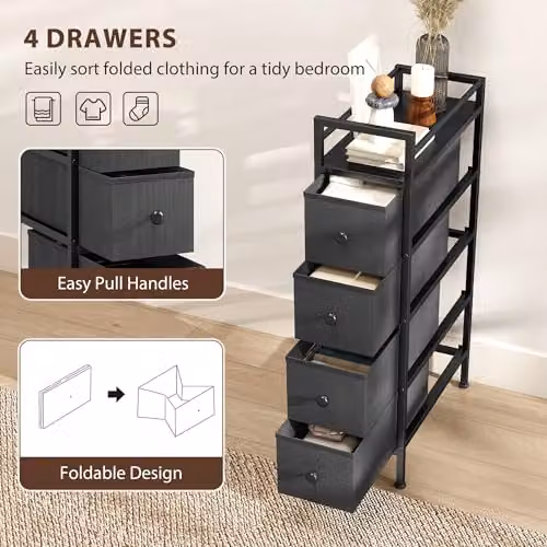 HOMCOM Slim Fabric Chest of Drawers with 4 Drawers, Black, H 81.5 x W 43.0 x D 20.0 cm – 4