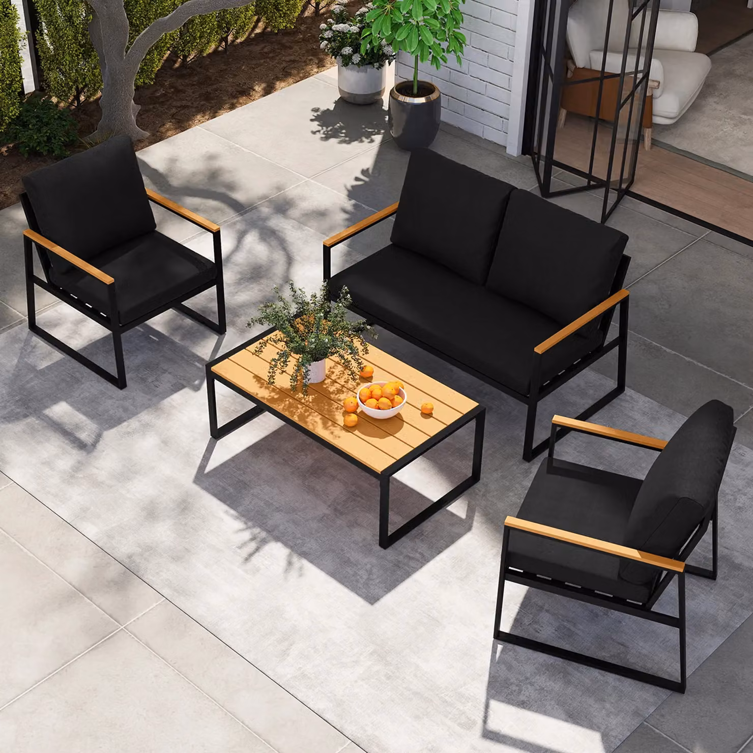Costway 4-Piece Black Garden Furniture Set with Powder Coated Steel Frame, 2-Seater Sofa, Armchairs and Coffee Table – 5