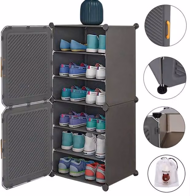 SPETLEK 6 Tier Shoe Storage Cabinet in Grey with Hinged Doors and Internal Shelves, H 95 cm x W 32 cm x D 32 cm