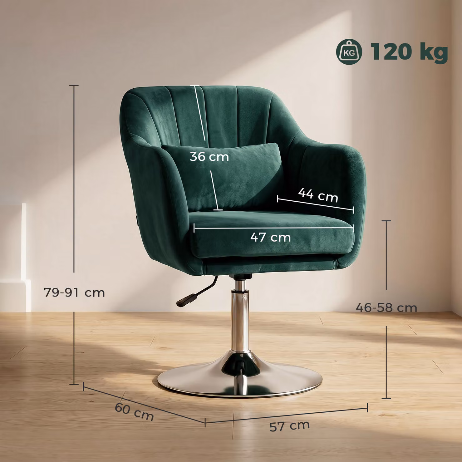 HOMCOM Retro Velvet Swivel Tub Chair with Metal Frame in Dark Green – 3