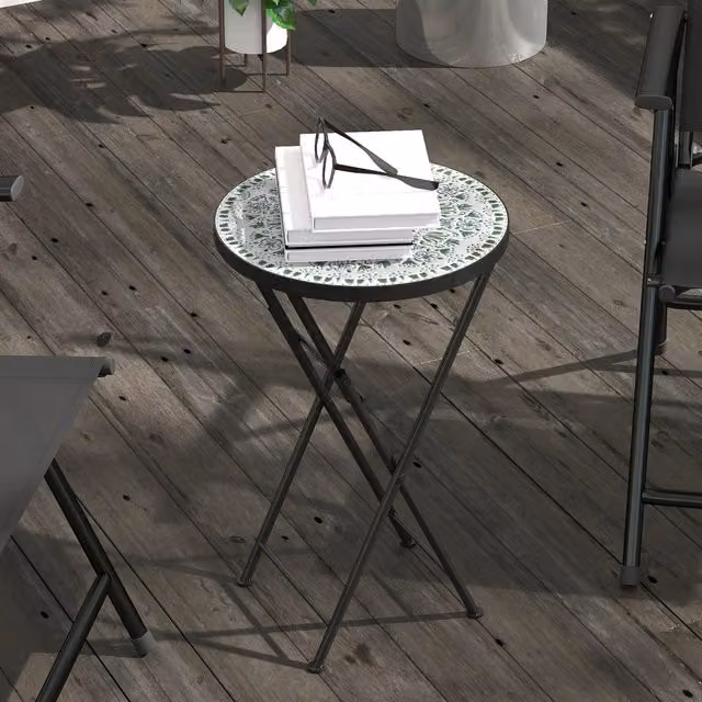 Outsunny Mosaic Garden Folding Coffee Table, Green and Multicolour, Diameter: 35.5 cm