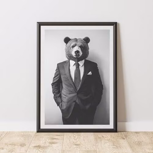 60 Second Makeover Bear Wearing A Suit Paper Poster, Black and White, A3